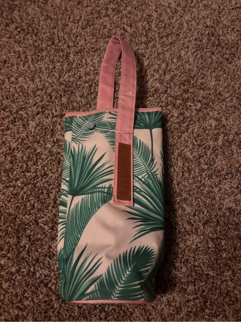 Sunnylife Green Palm Print Tote with Pink Handles wine cooler bag